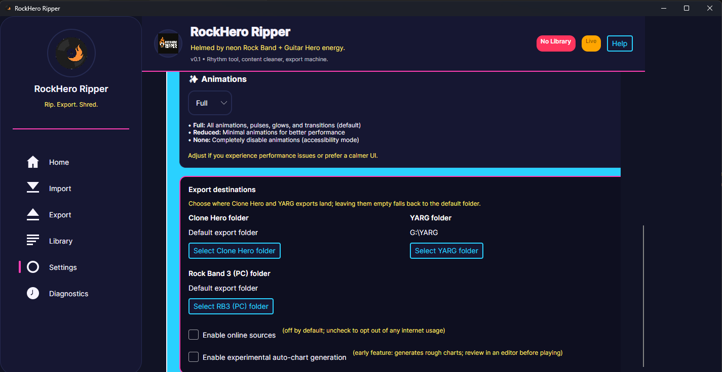 RockHero Ripper settings panel with theme selector